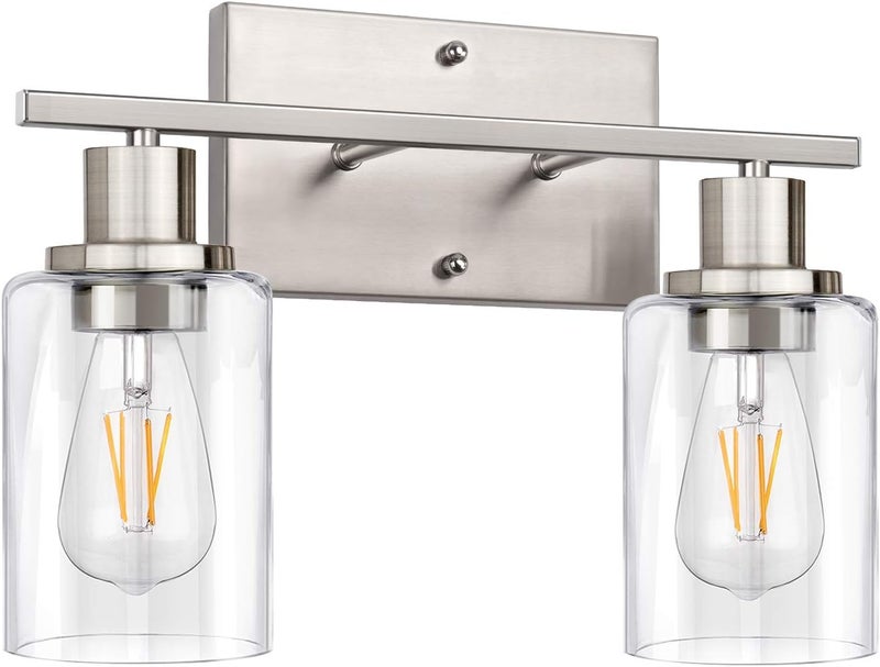 SHINETECH 2-Light Bathroom Light Fixtures, Modern Vanity Lights with Clear Glass Shade, Brushed Nickel Bathroom Vanity Light Over Mirror, Living Room - Image 1